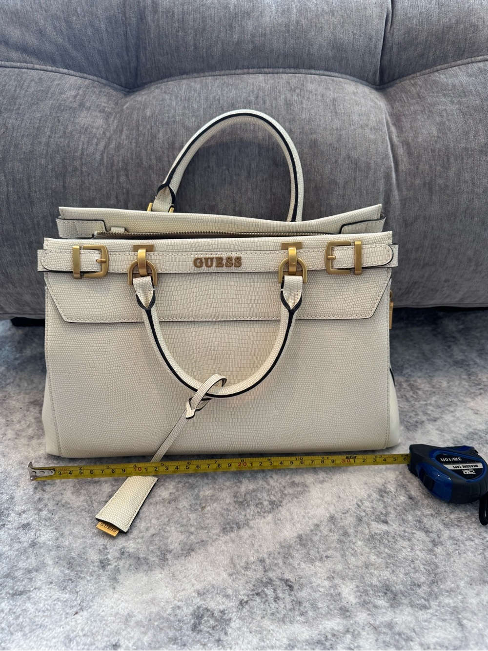 GUESS Cream Textured Satchel with Gold Hardware